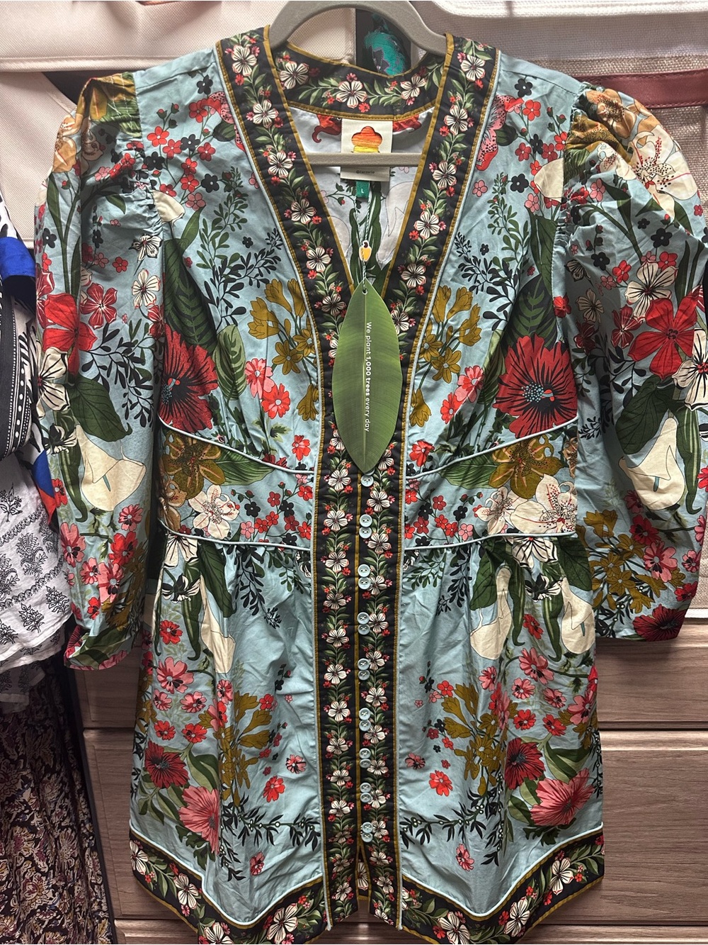 FARM Rio Floral Embroidered V-Neck Dress in Light Blue, Olive & Red